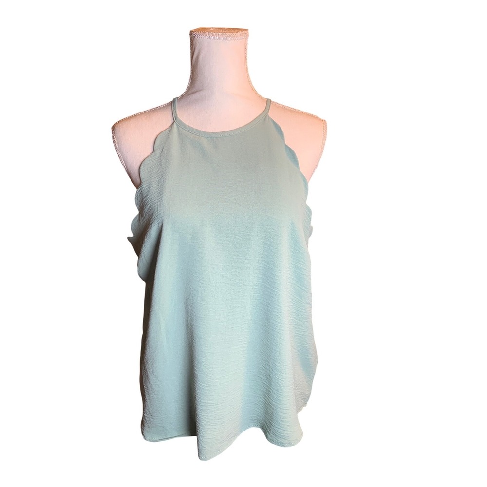 Iris Scalloped Halter Neck Tank Top Sage Green Crepe Sleeveless Cottage‎ L NEW